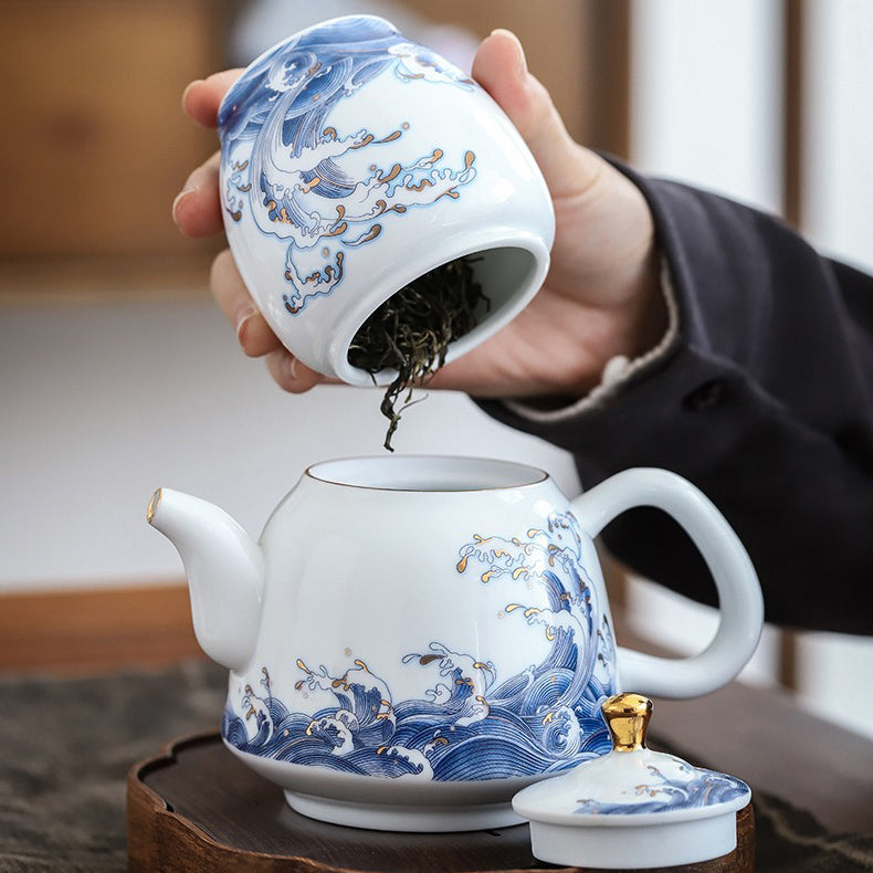 描金边中式海浪茶壶
