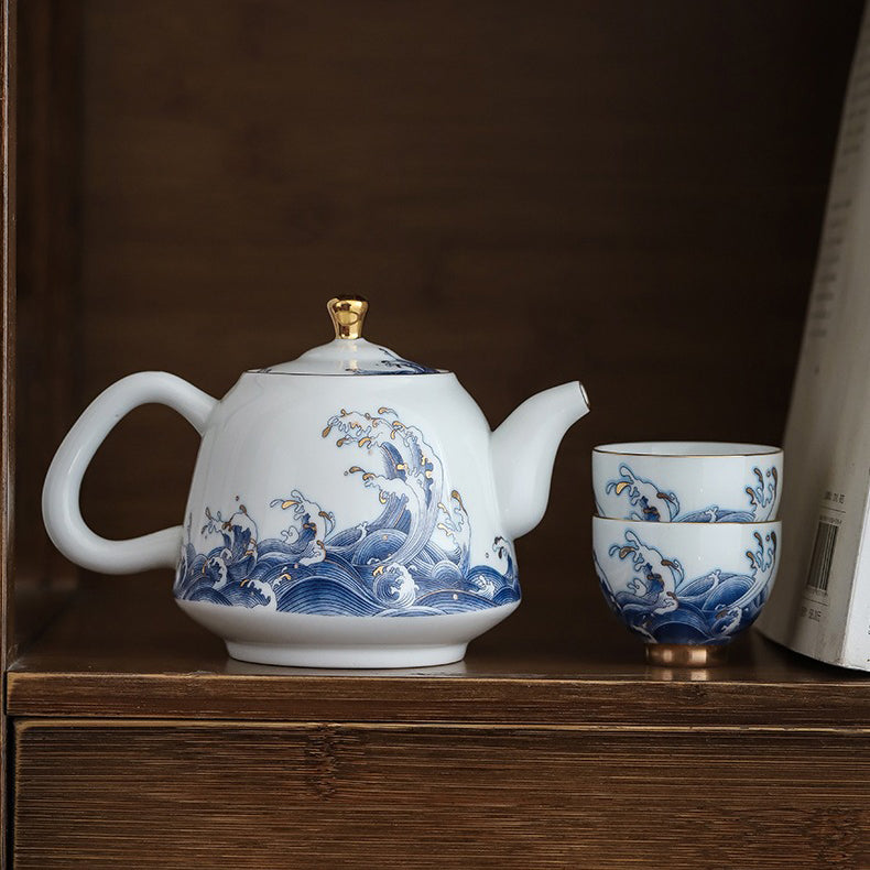 描金边中式海浪茶壶