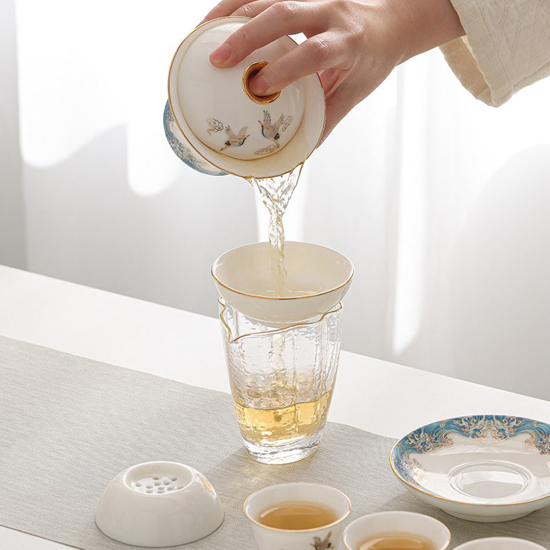 Ceramic Sulet-jade Red-crowned Crane Chinese Tea Set