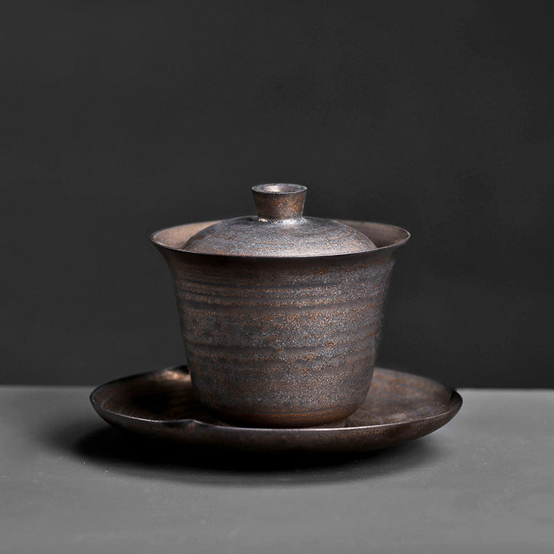 Rustic Pottery Gaiwan – Bronze Gold Glaze, Traditional Chinese Style, 180ml