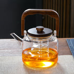 Glass Handle Teapot – Walnut Wood Accent, 1000ml, Heat-Resistant, in Clear & Smoke Grey