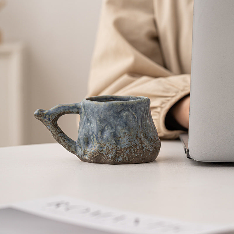 Irregular Hand-Pinched Ceramic Modern Tea Cup – Kiln-Changed Blue, 200ml