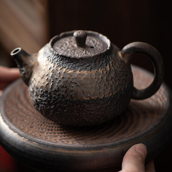 Rustic Stone Texture Teapot – Handmade Pottery, 250ml, Japanese
