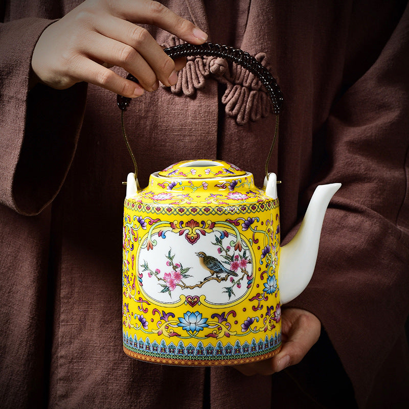 Porcelain Chinese Teapot with Handle – Yellow, Traditional Court Style, Large Capacity
