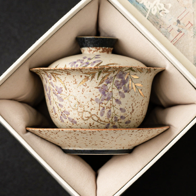 Blue and White Fire Stone Red Gaiwan – Hand-Painted Wisteria, Gold Trim, Gift Box, 135ml