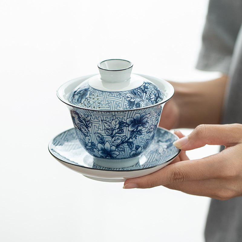 Blue and White Porcelain Gaiwan – Wanfu Pattern, 170ml, Ru Ware Style