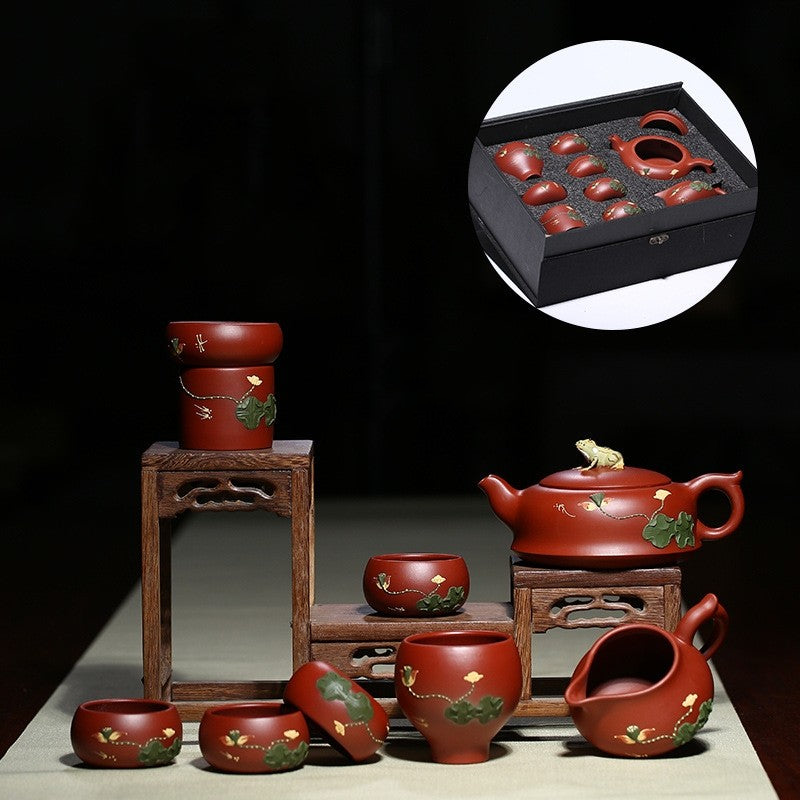Handmade Yixing Red Clay Lotus Tea Set