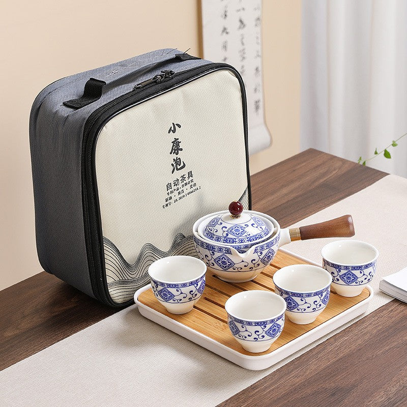 Automatic Porcelain Travel Tea Set – Blue Floral & Black Elegant Designs, Portable Gongfu Set