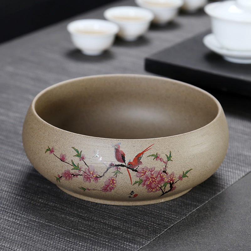Coarse Clay Tea Washers Basin – “Magpie on Plum” Pattern, Large Size, Chinese Style