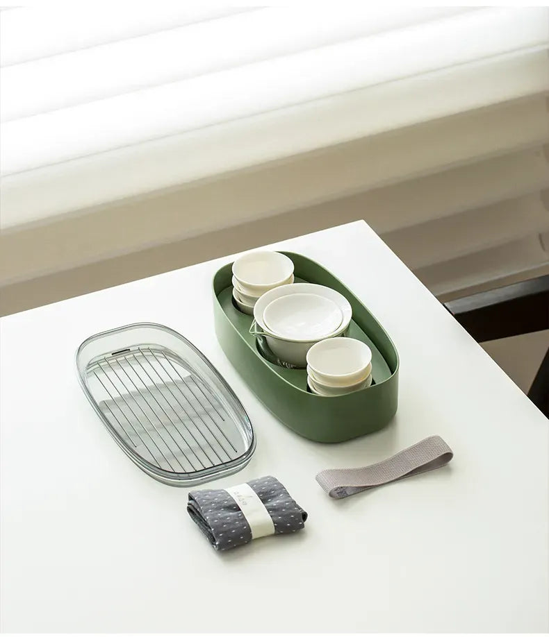 Portable Gongfu Tea Set for Travel – 6 Cups White Porcelain Tea Kit with Storage Case