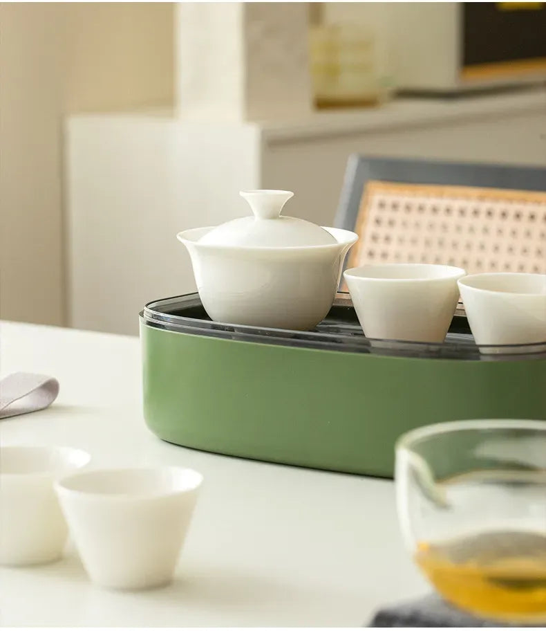 Portable Gongfu Tea Set for Travel – 6 Cups White Porcelain Tea Kit with Storage Case