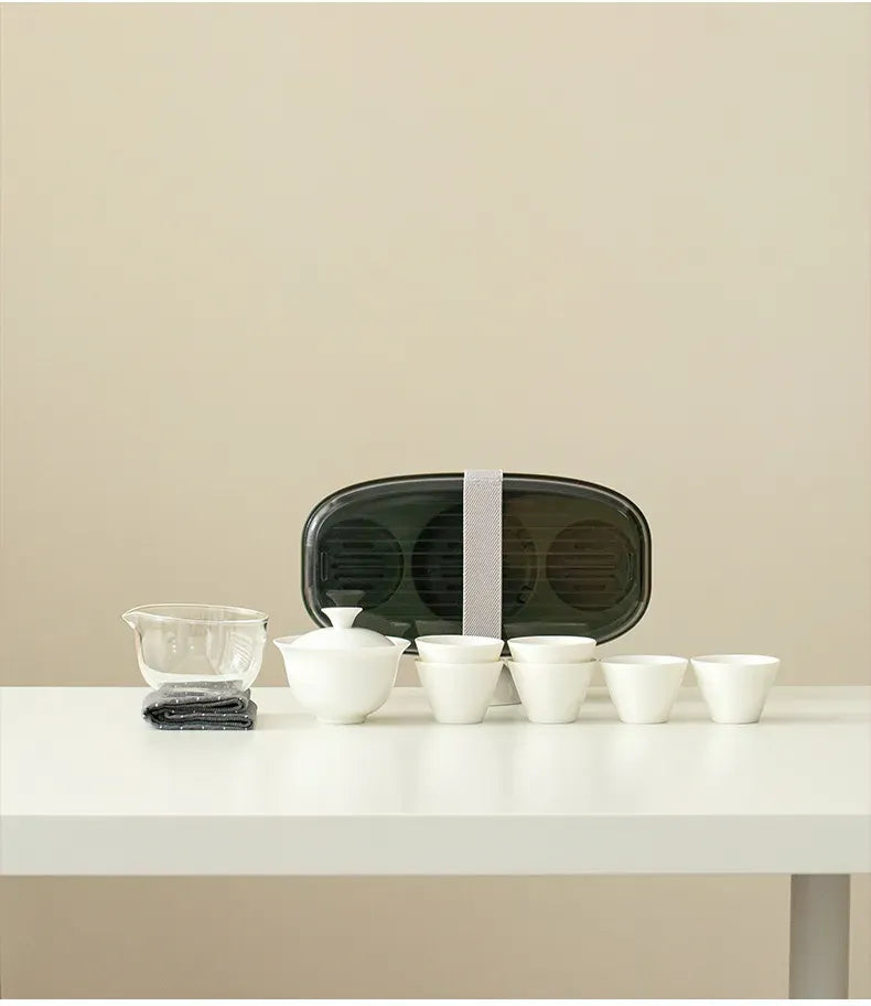 Portable Gongfu Tea Set for Travel – 6 Cups White Porcelain Tea Kit with Storage Case