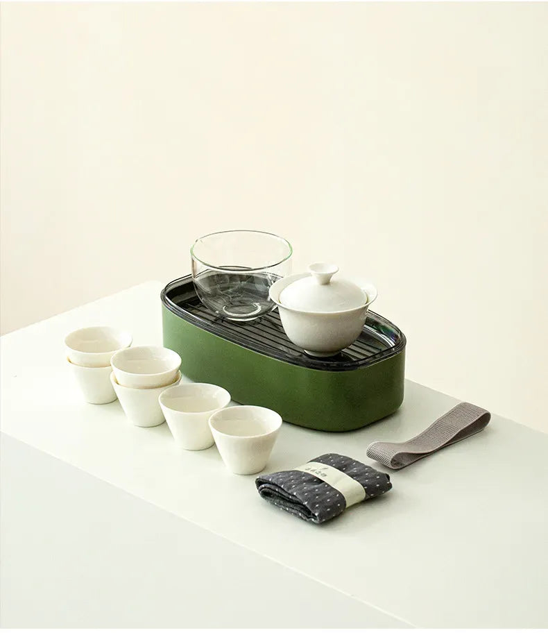 Portable Gongfu Tea Set for Travel – 6 Cups White Porcelain Tea Kit with Storage Case