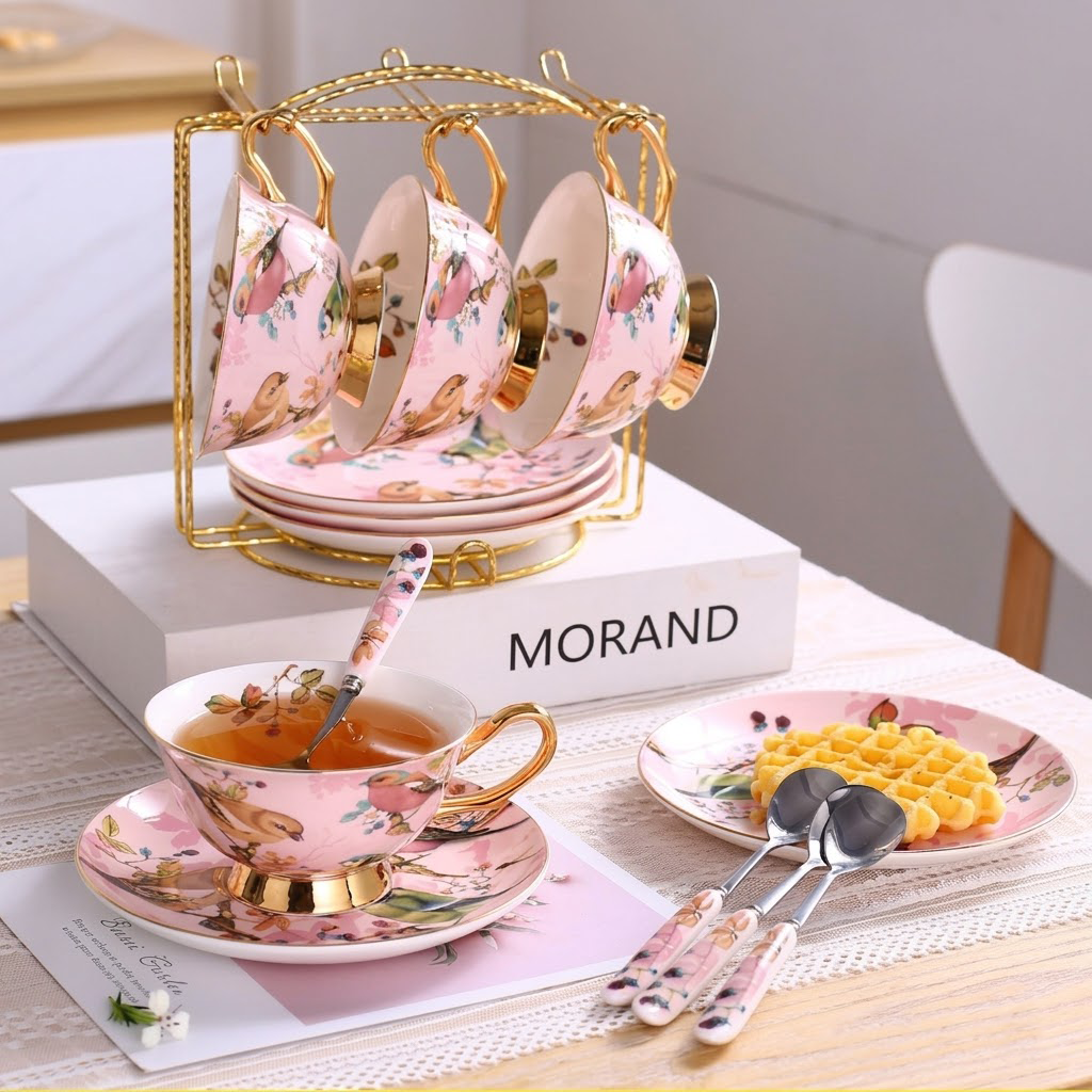 Pink Birds Bone China Tea Set