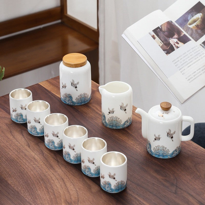 Jade Porcelain Chinese Tea Set With Inner Silver