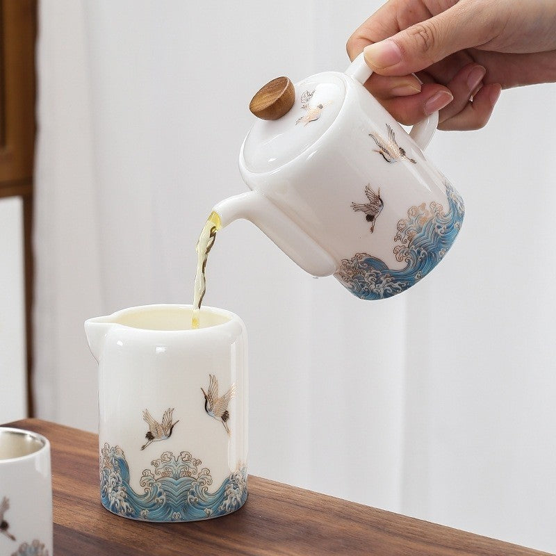 Jade Porcelain Chinese Tea Set With Inner Silver